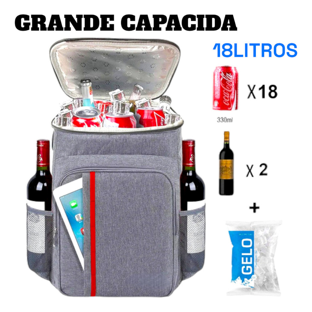 Capacidade da mochila térmica: até 18 latas de 330ml, 2 garrafas e gelo