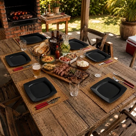 Pratos pretos em uma mesa preparada para churrasco