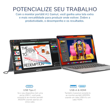 Monitor portátil ao lado do notebook como segunda tela, conexões USB-C e HDMI