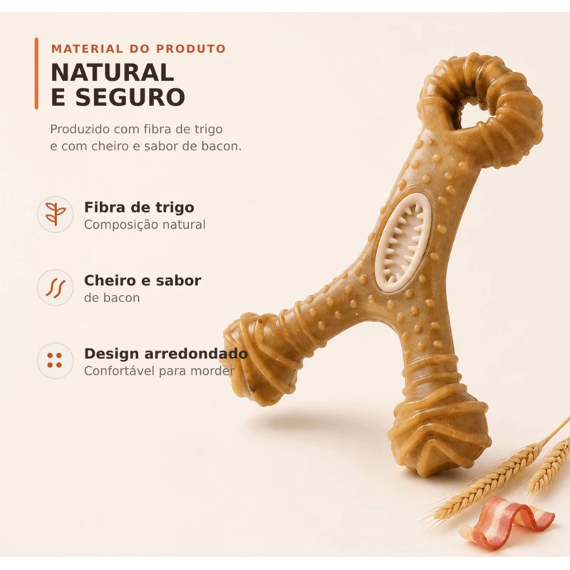 Mordedor produzido com fibra de trigo, com cheiro e sabor de bacon