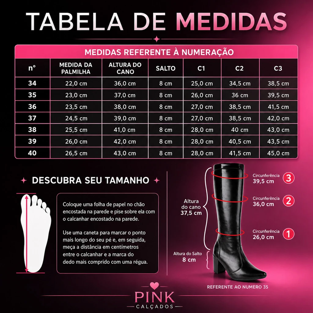 Tabela de medidas da bota cano alto