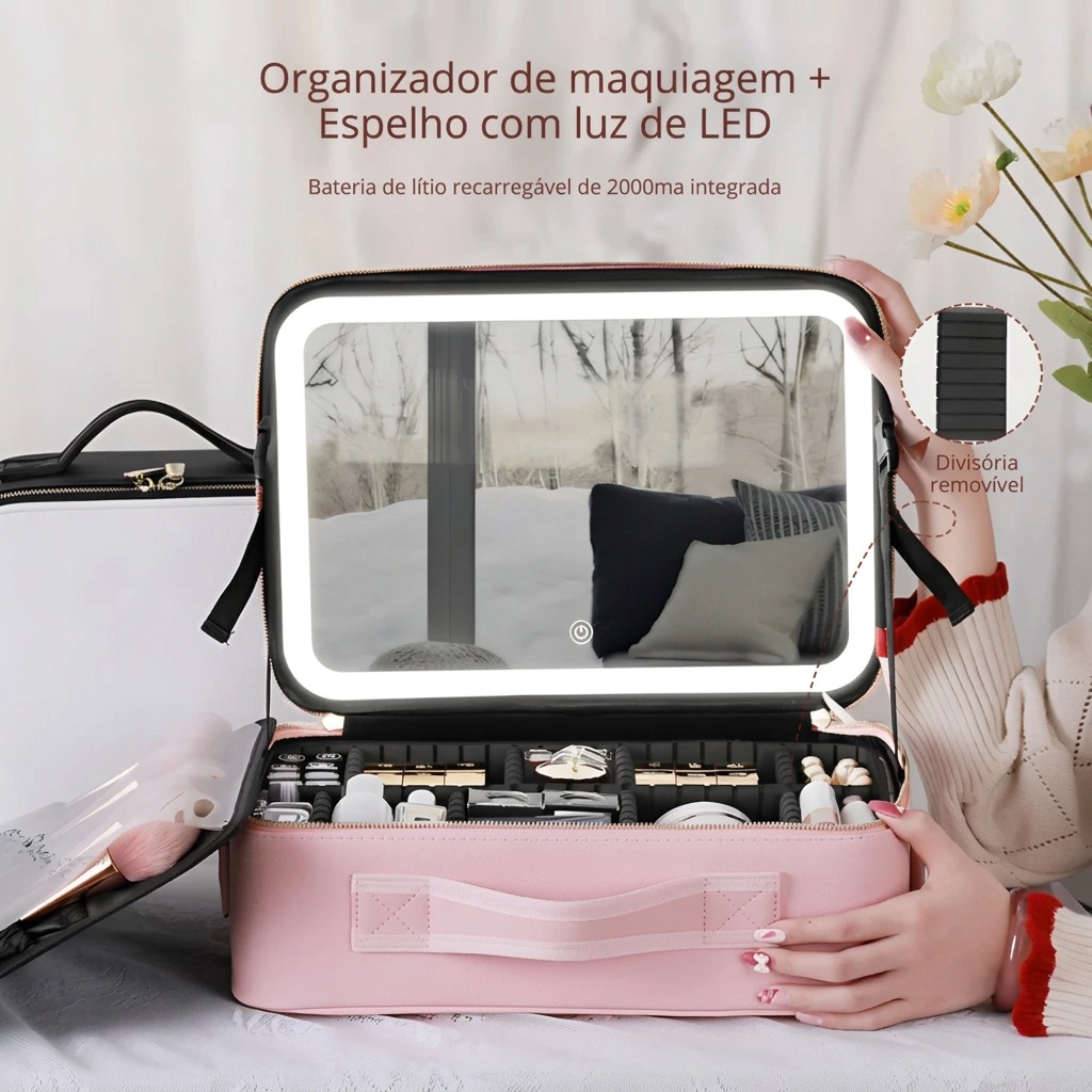 Maleta de maquiagem rosa com espelho iluminado em uso